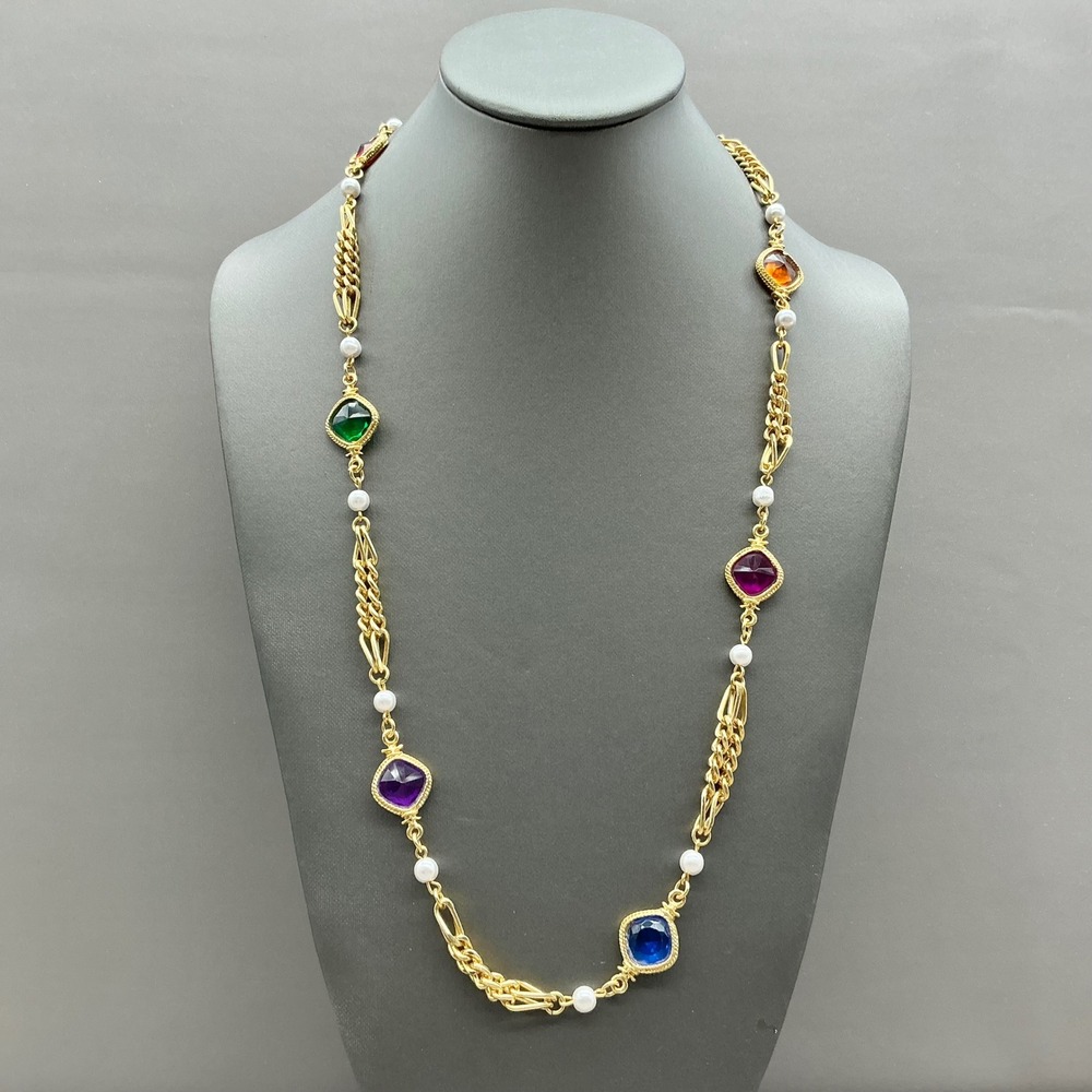 Necklace Women Gold Multicolor Faux Pearl Cabochon Gemstone Long Link Chain 24"